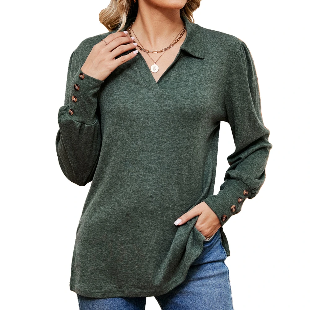 Women Loose Base Shirt V Neck Long Sleeve Button Blouse Pure Color Loose Button Casual Pullover Blouse Dark Green XL