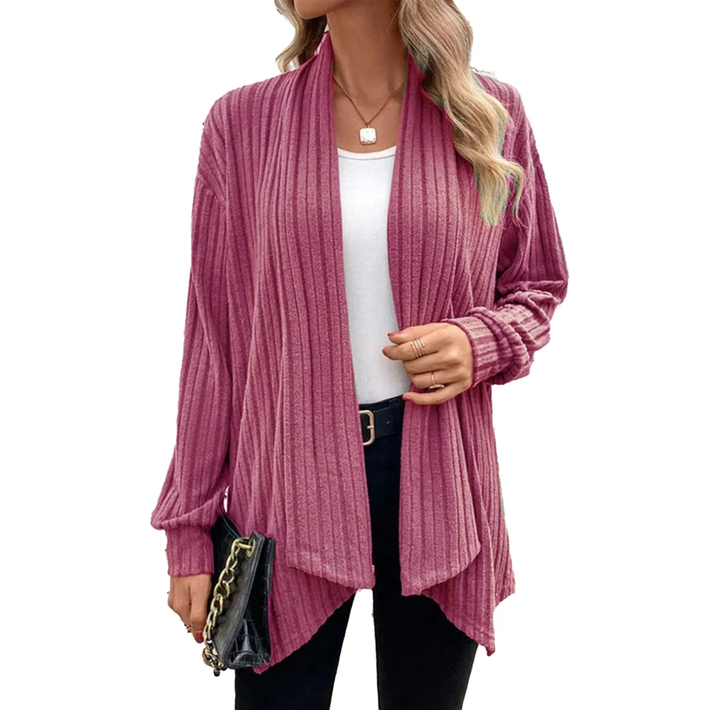 Women Knitted Open Front Coat Long Sleeves Loose Fitting Casual Sweater Jacket for Autumn Rose Red S