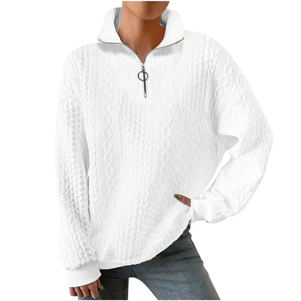 Women Jacket Long Sleeves Pullover Knitting Texture Half Zipper Casual Top for Autumn and Winter White XL