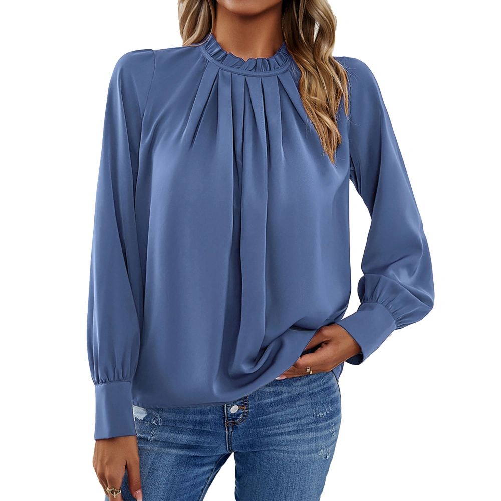 Long Sleeve Crewneck Frill Trim Top Women Casual Stylish Plain Color Pleated Shirt Blouse for Office Work Blue S