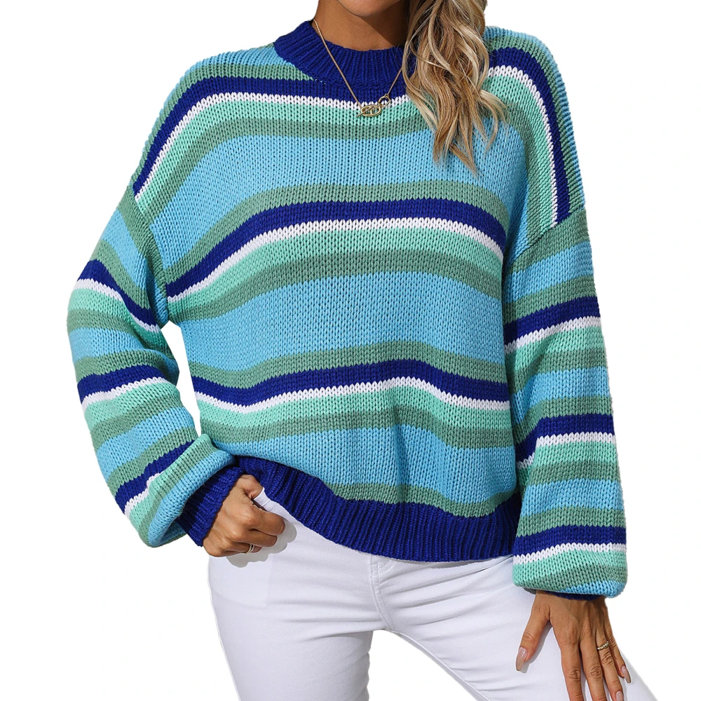 Women Striped Sweater Round Neck Color Contrast Long Sleeves Casual Loose Fit Knitted Top Blue XL