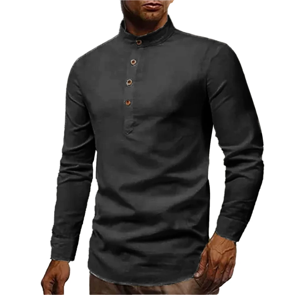 Men Long Sleeve Shirt Stand Collar Half Button Pure Color Casual Slim Fit Dress Blouse Black XXL