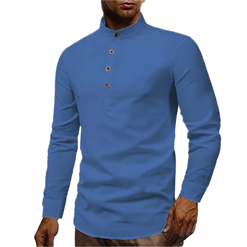 Men Long Sleeve Shirt Stand Collar Half Button Pure Color Casual Slim Fit Dress Blouse Dark Blue XXXL