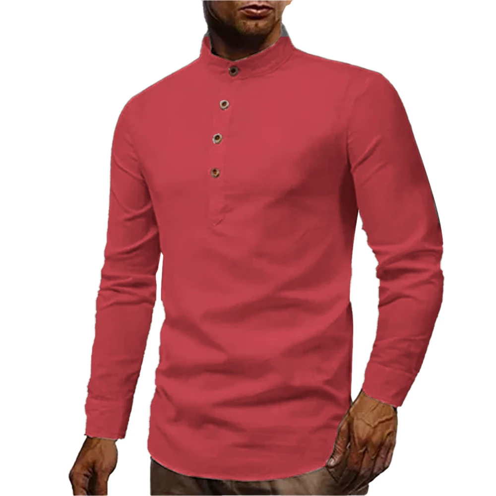 Men Long Sleeve Shirt Stand Collar Half Button Pure Color Casual Slim Fit Dress Blouse Red XL