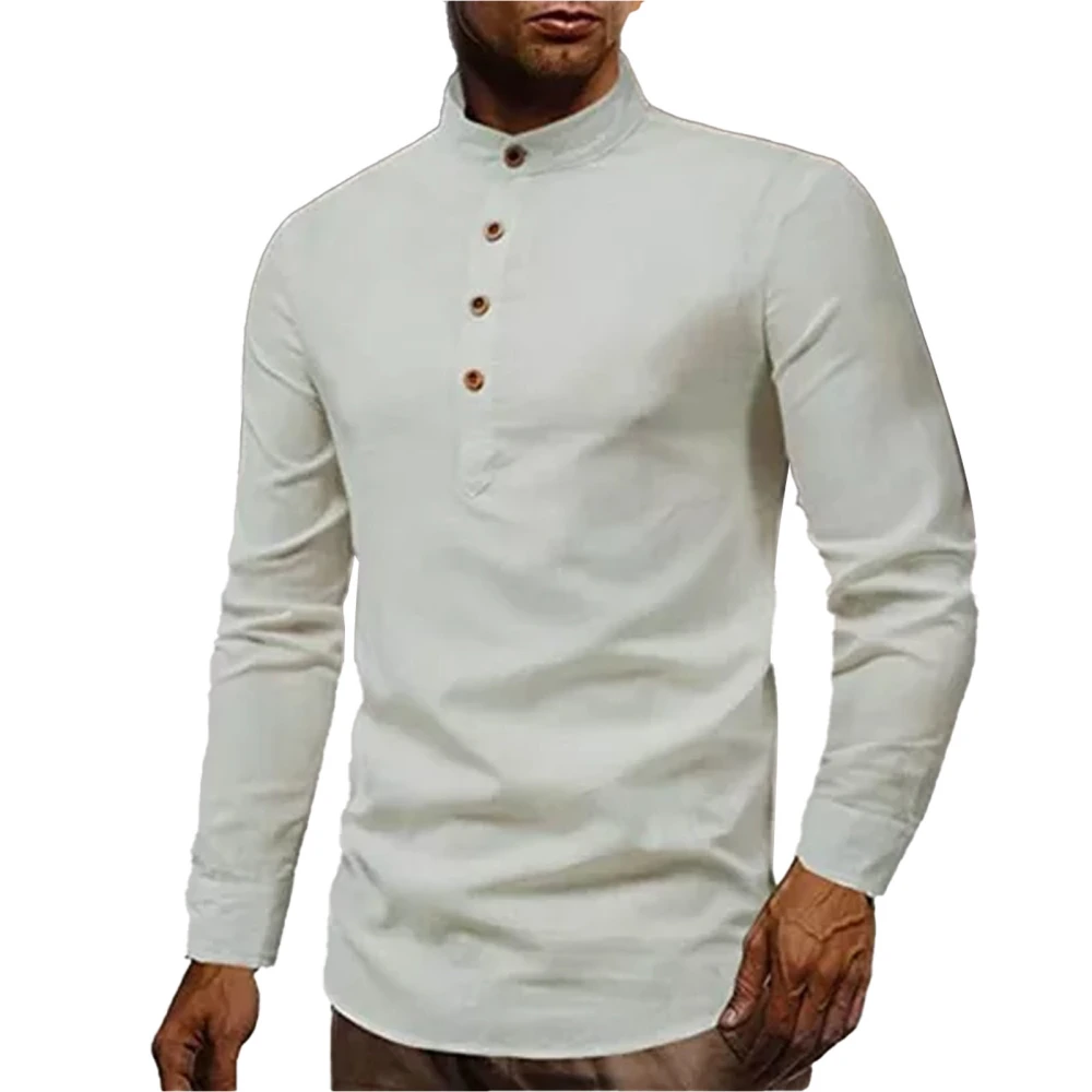 Men Long Sleeve Shirt Stand Collar Half Button Pure Color Casual Slim Fit Dress Blouse White XL