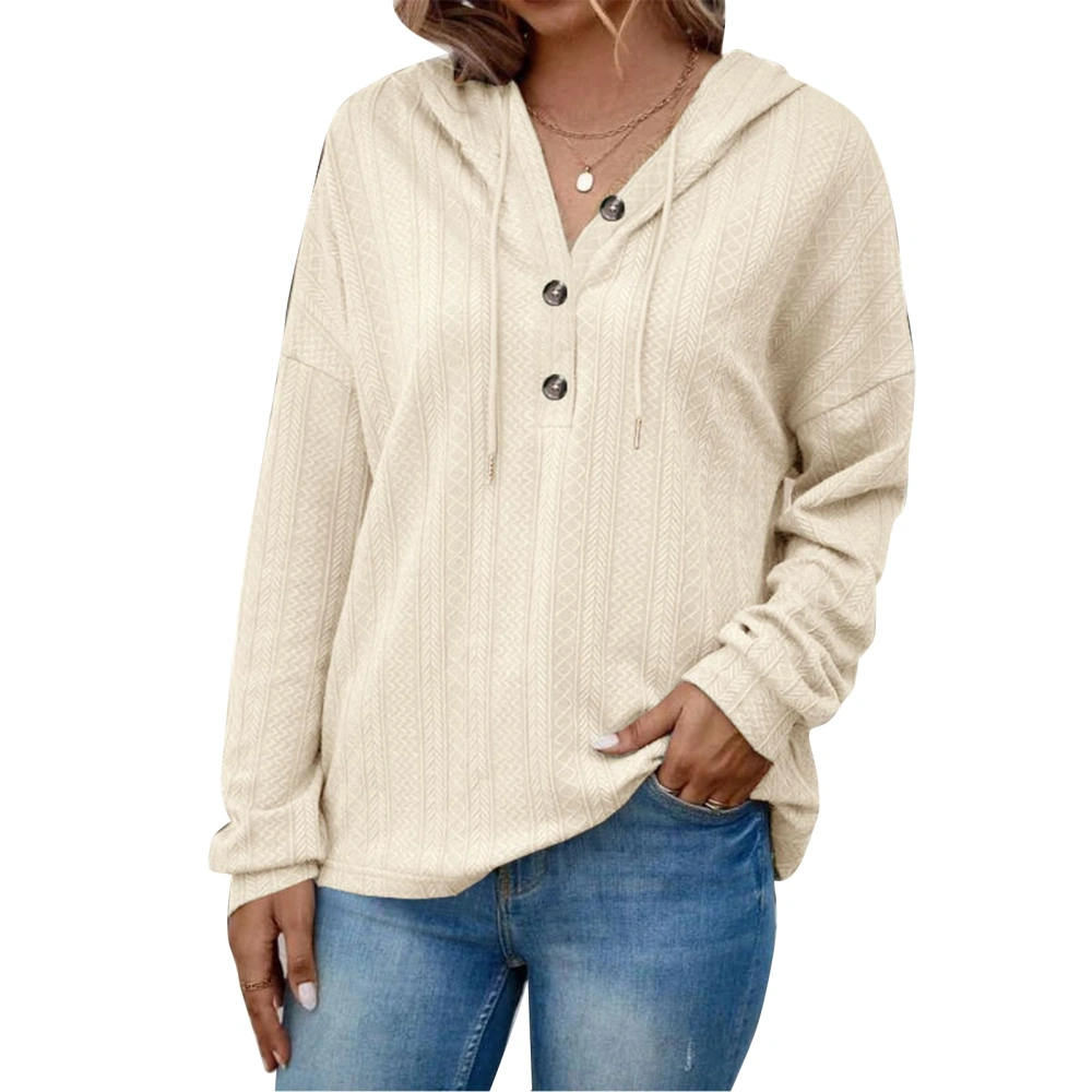 Women V Neck Hoodies Long Sleeves Button Trim Loose Fitting Casual Pullover Top for Daily Wear Beige XL