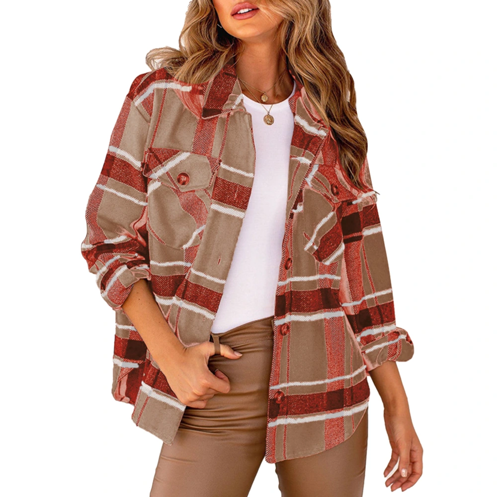 Womens Casual Plaid Long Sleeve Shirt Womens Button Down Shirts Boyfriend Style Blouses Tops Chest Pocketed Brown L