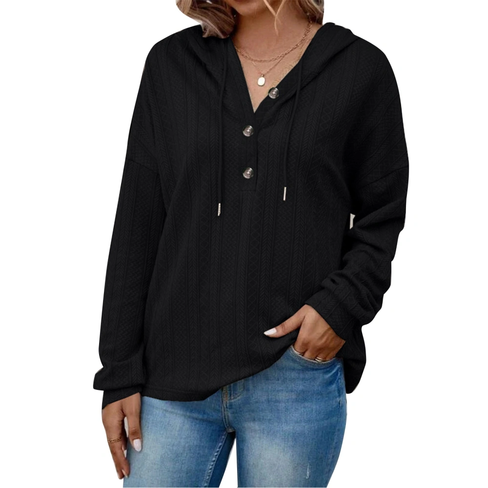 Women V Neck Hoodies Long Sleeves Button Trim Loose Fitting Casual Pullover Top for Daily Wear Black M