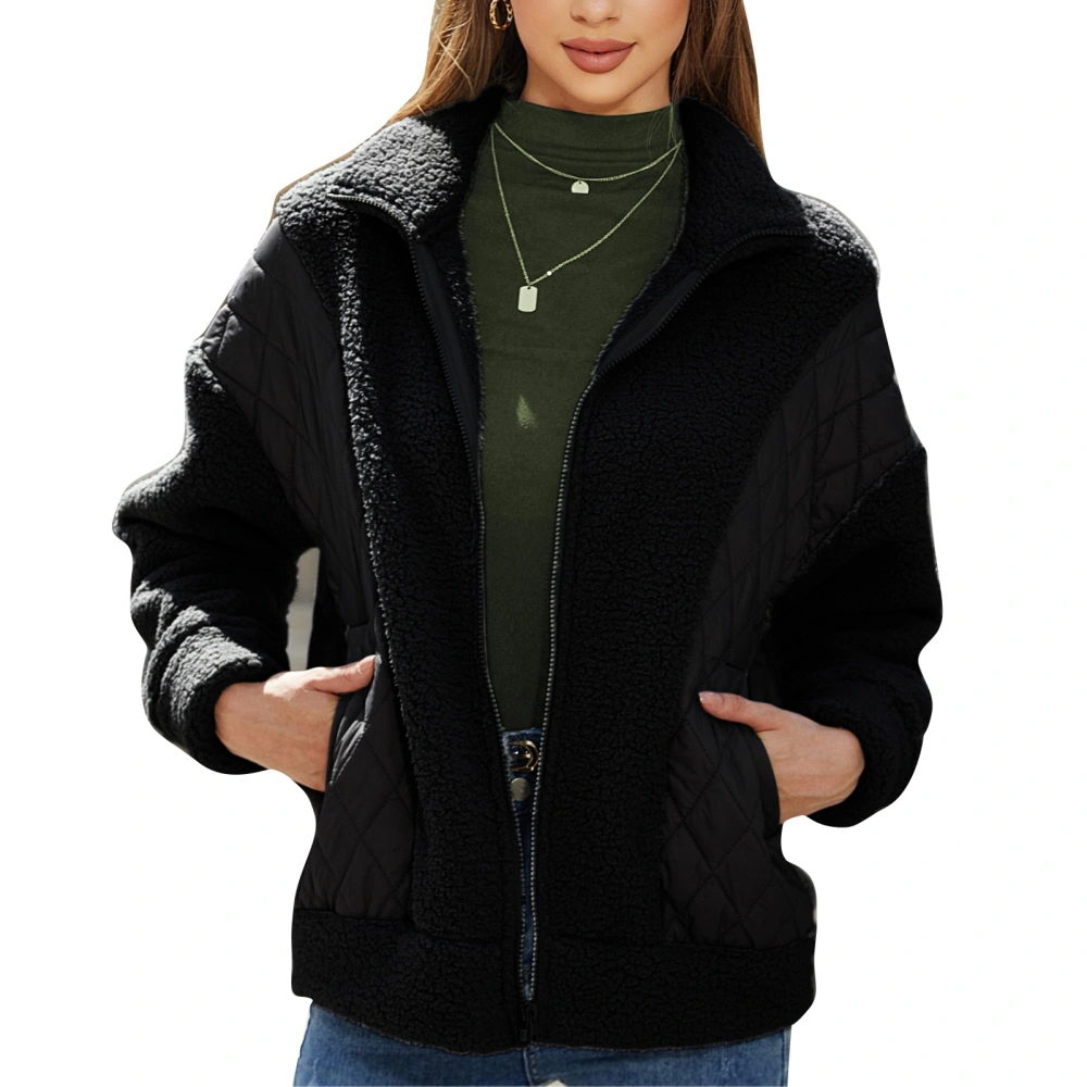 Women Long Sleeve Standing Collar Jacket Fashion Casual Loose Plush Splicing Full Zipper Women Winter Coat Black M