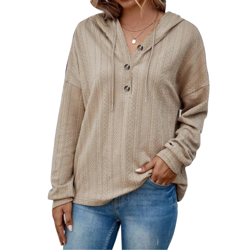 Women V Neck Hoodies Long Sleeves Button Trim Loose Fitting Casual Pullover Top for Daily Wear Khaki XXL