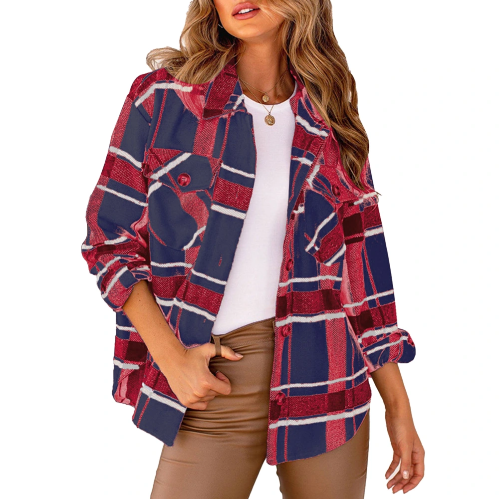 Womens Casual Plaid Long Sleeve Shirt Womens Button Down Shirts Boyfriend Style Blouses Tops Chest Pocketed Navy Blue S