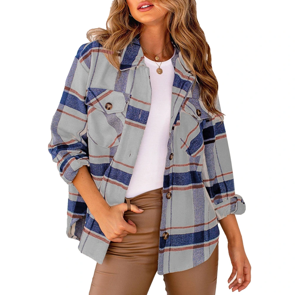 Womens Casual Plaid Long Sleeve Shirt Womens Button Down Shirts Boyfriend Style Blouses Tops Chest Pocketed Grey M