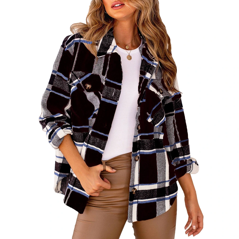 Womens Casual Plaid Long Sleeve Shirt Womens Button Down Shirts Boyfriend Style Blouses Tops Chest Pocketed Coffee L