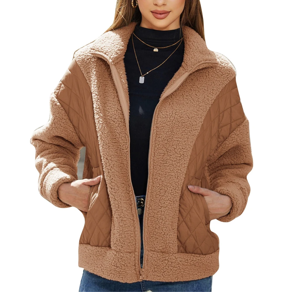 Women Long Sleeve Standing Collar Jacket Fashion Casual Loose Plush Splicing Full Zipper Women Winter Coat Light Tan L