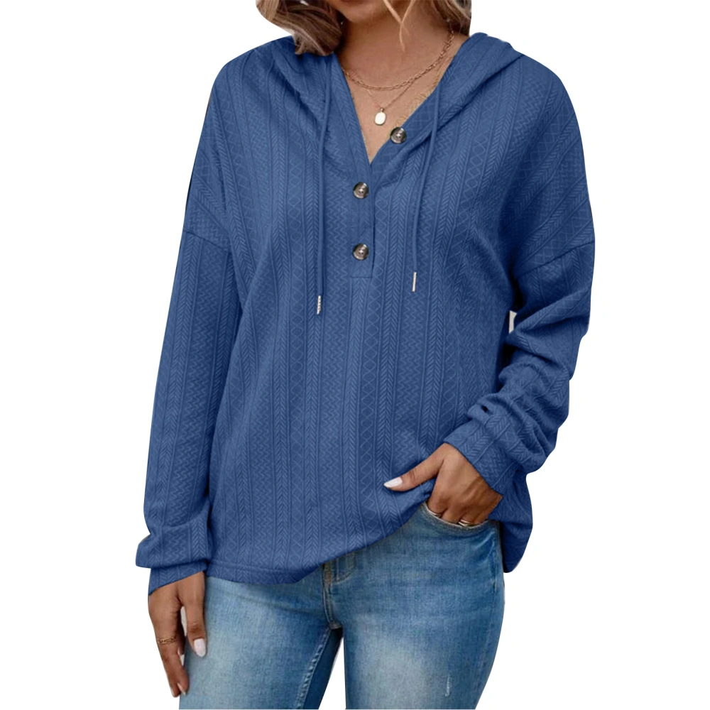 Women V Neck Hoodies Long Sleeves Button Trim Loose Fitting Casual Pullover Top for Daily Wear Blue L