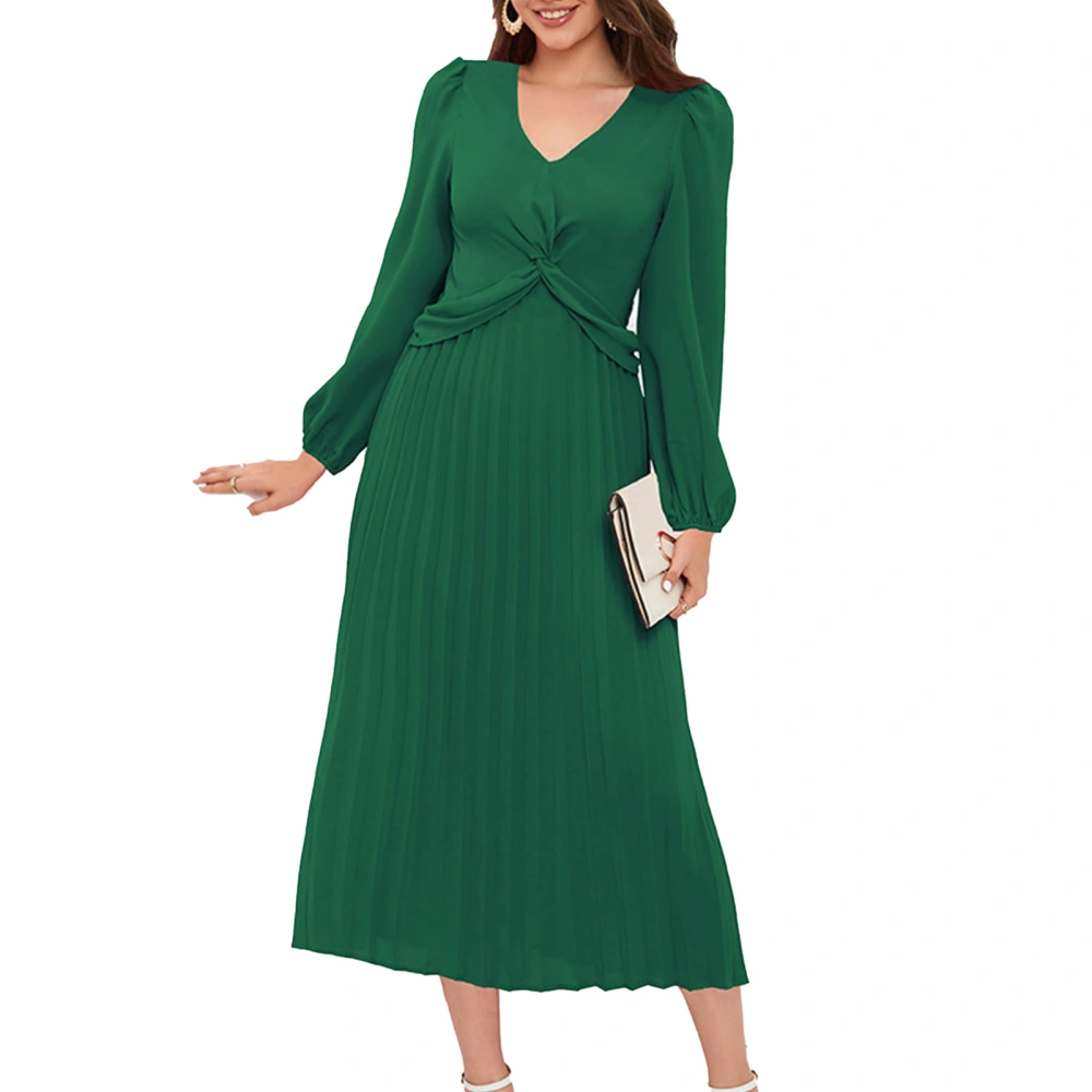 Long Sleeve Dress Pure Color V Neck Puff Sleeves Comfortable Breathable Skin Friendly Pleated Dress for Parties Holidays Green S