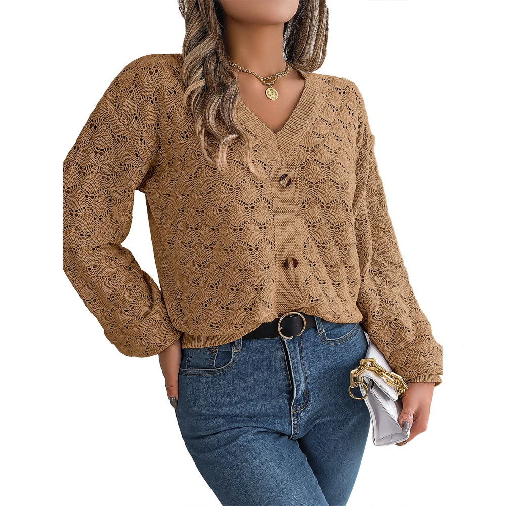 Women V Neck Sweater Hollow Long Sleeve Drop Shoulder Button Decor Pullover Knitted Sweater Khaki M