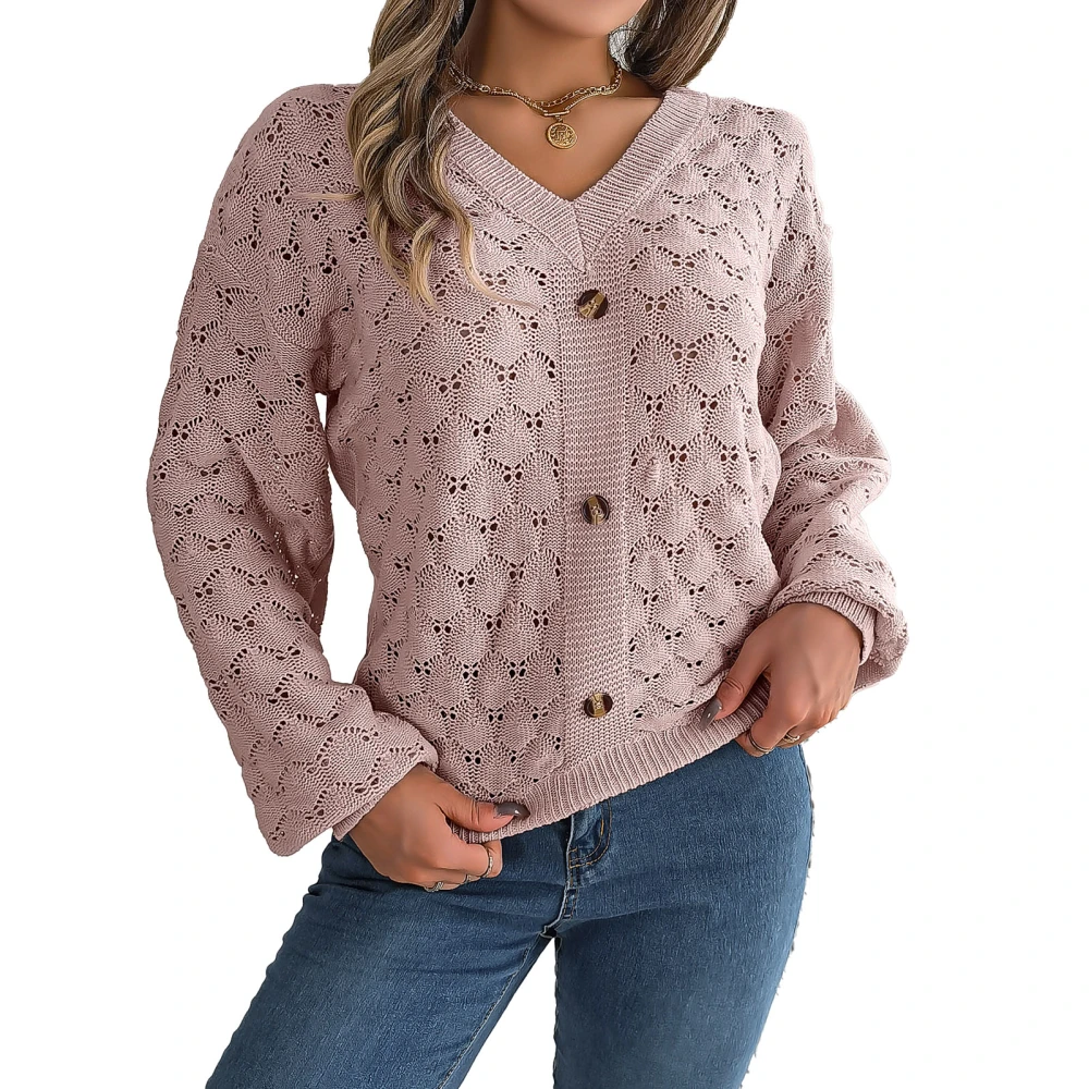 Women V Neck Sweater Hollow Long Sleeve Drop Shoulder Button Decor Pullover Knitted Sweater Pink M