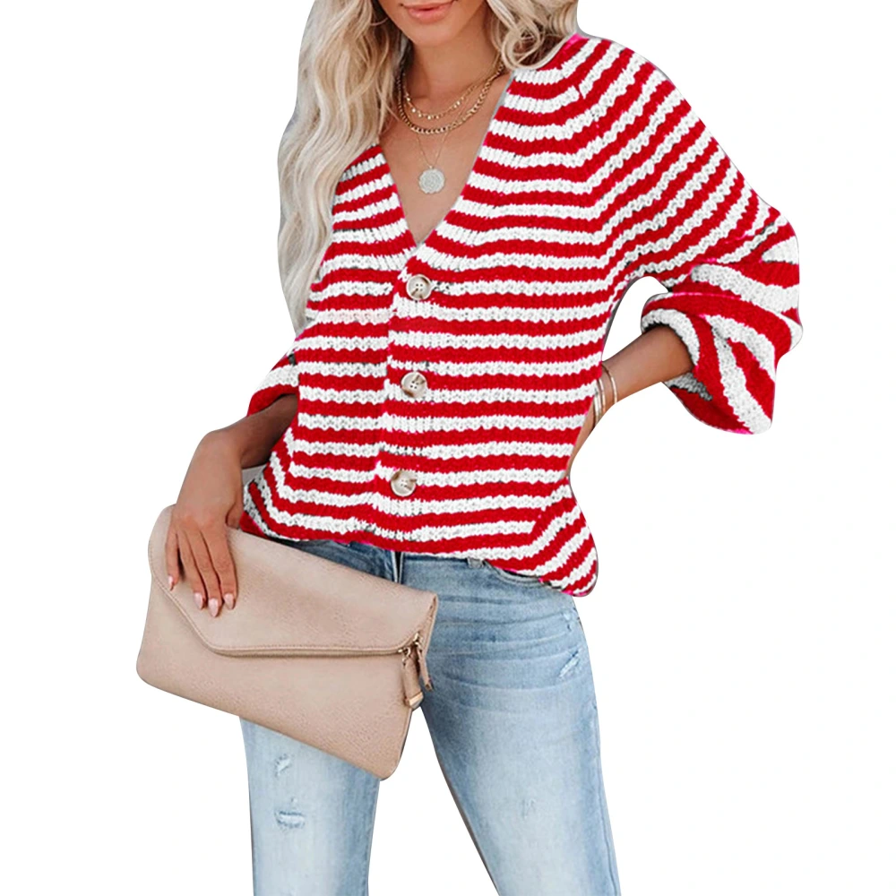 Women Striped Knit Blouse Button Up V Neck Knitting Top Long Sleeve Casual Stripe Blouse Red M