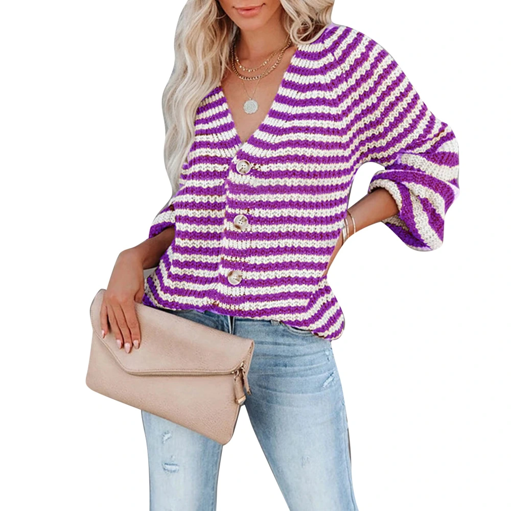 Women Striped Knit Blouse Button Up V Neck Knitting Top Long Sleeve Casual Stripe Blouse Purple M