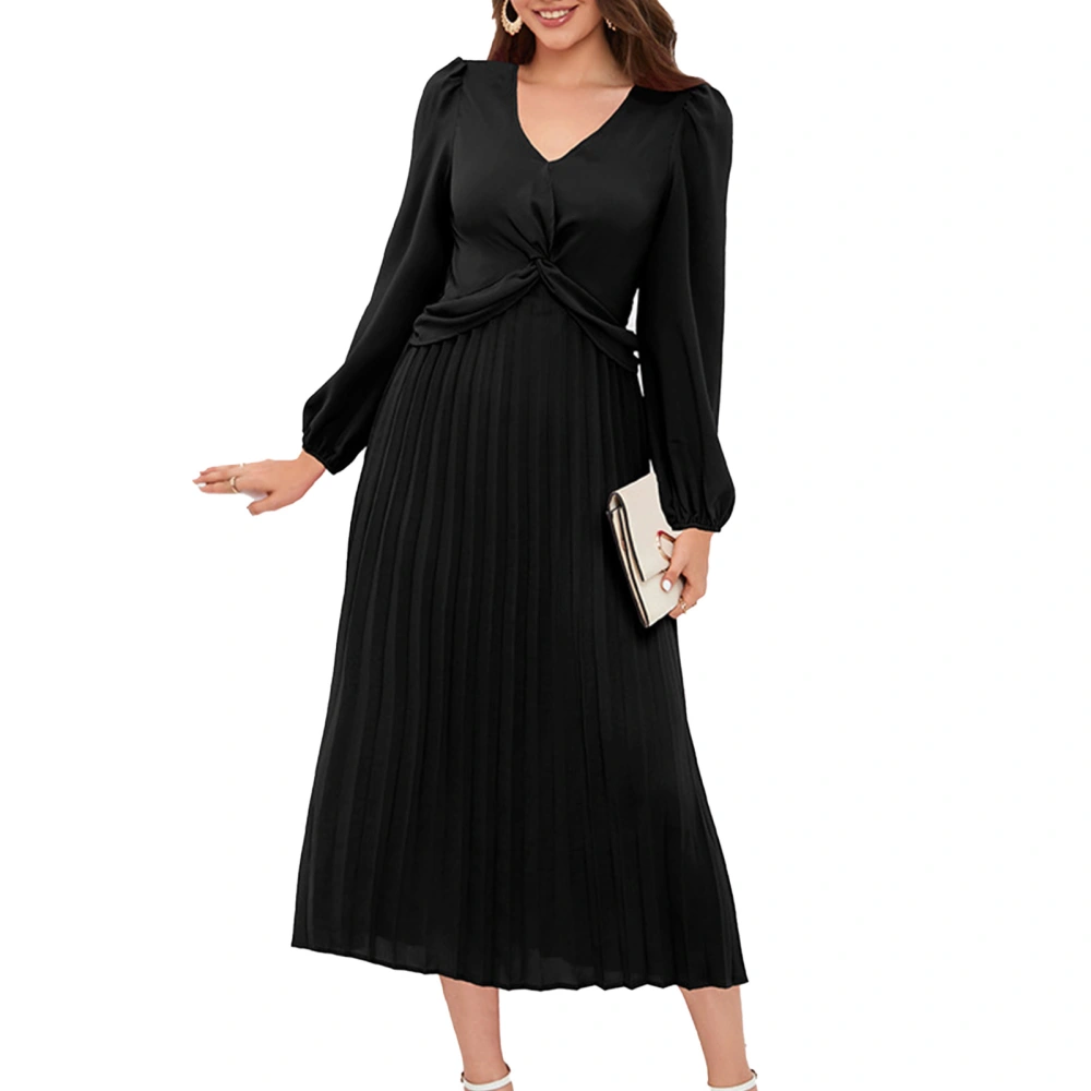 Long Sleeve Dress Pure Color V Neck Puff Sleeves Comfortable Breathable Skin Friendly Pleated Dress for Parties Holidays Black XXL