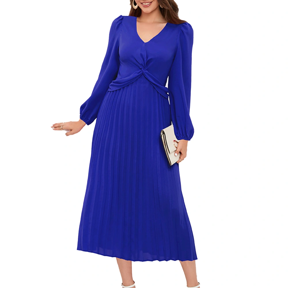 Long Sleeve Dress Pure Color V Neck Puff Sleeves Comfortable Breathable Skin Friendly Pleated Dress for Parties Holidays Blue M