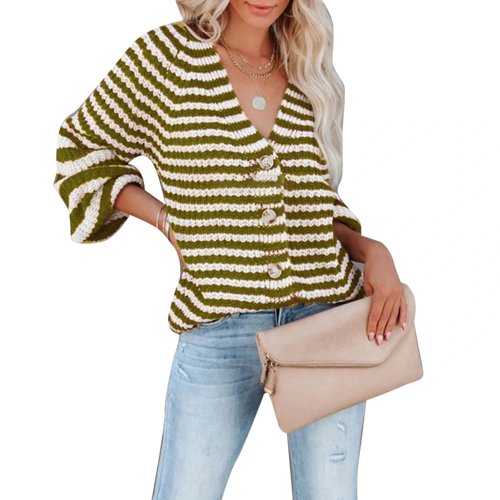 Women Striped Knit Blouse Button Up V Neck Knitting Top Long Sleeve Casual Stripe Blouse Green XL