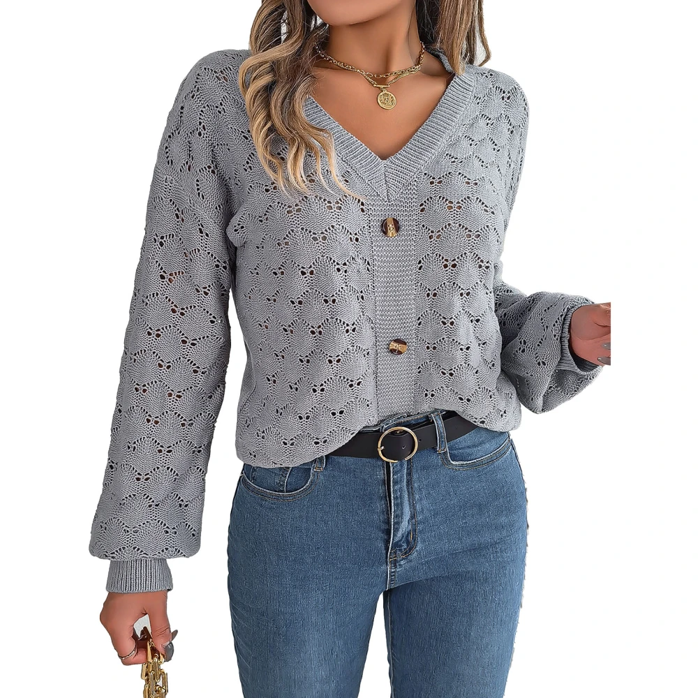 Women V Neck Sweater Hollow Long Sleeve Drop Shoulder Button Decor Pullover Knitted Sweater Grey L