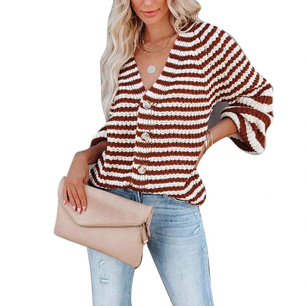 Women Striped Knit Blouse Button Up V Neck Knitting Top Long Sleeve Casual Stripe Blouse Brown XXL