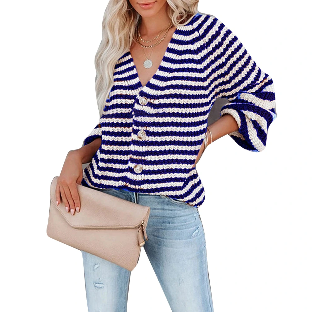 Women Striped Knit Blouse Button Up V Neck Knitting Top Long Sleeve Casual Stripe Blouse Dark Blue S