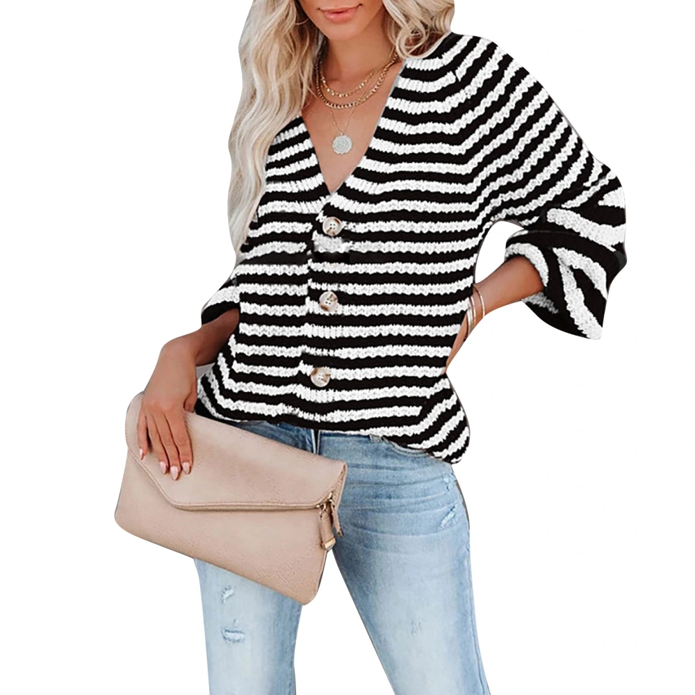 Women Striped Knit Blouse Button Up V Neck Knitting Top Long Sleeve Casual Stripe Blouse Black M