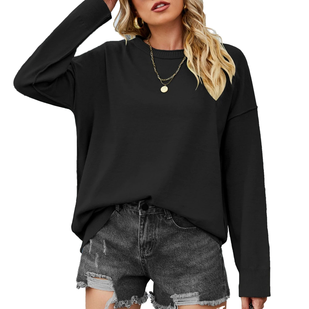 Women Sweatshirt Crew Neck Drop Shoulder Long Sleeves Pure Color Women Pullover for Fall Winter Black S