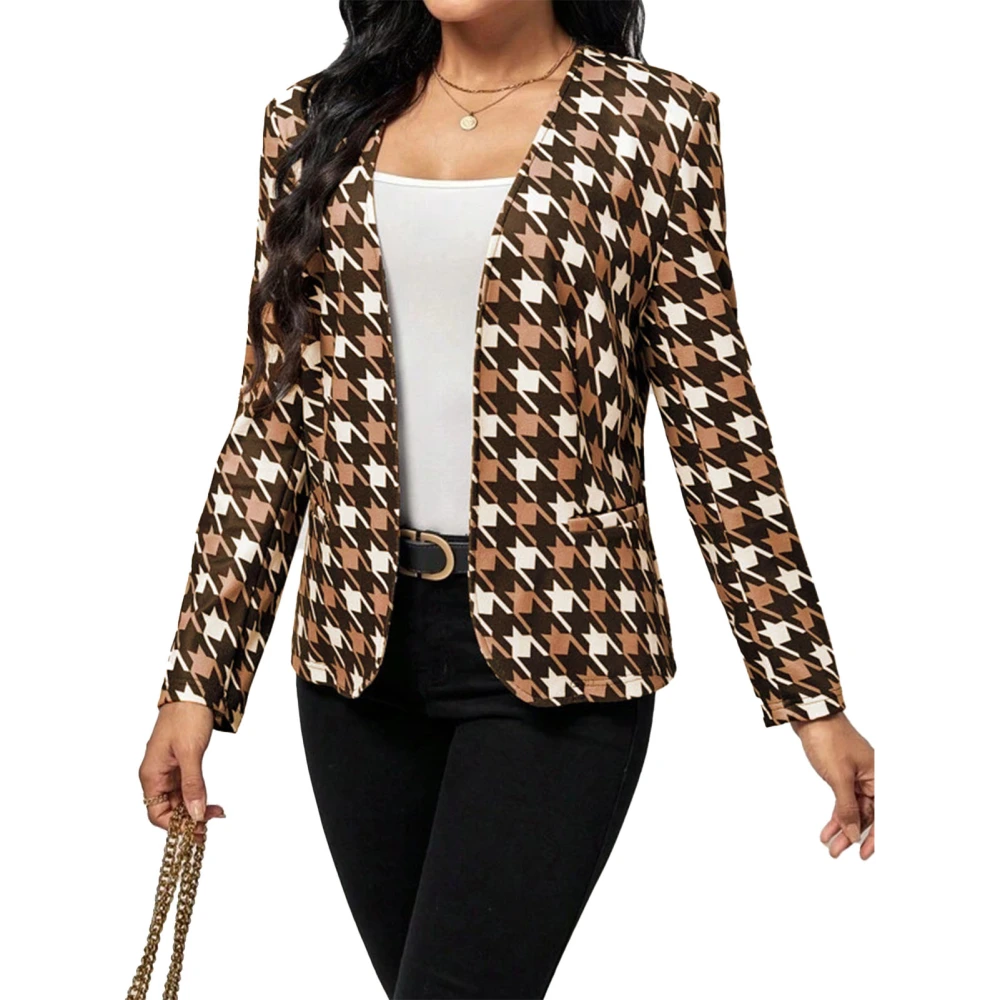 Women Long Sleeve Print Suit Jacket Fashionable Casual Open Front Office Jacket with Pockets for Dating Khaki XXL