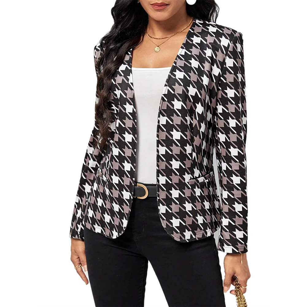 Women Long Sleeve Print Suit Jacket Fashionable Casual Open Front Office Jacket with Pockets for Dating Black M