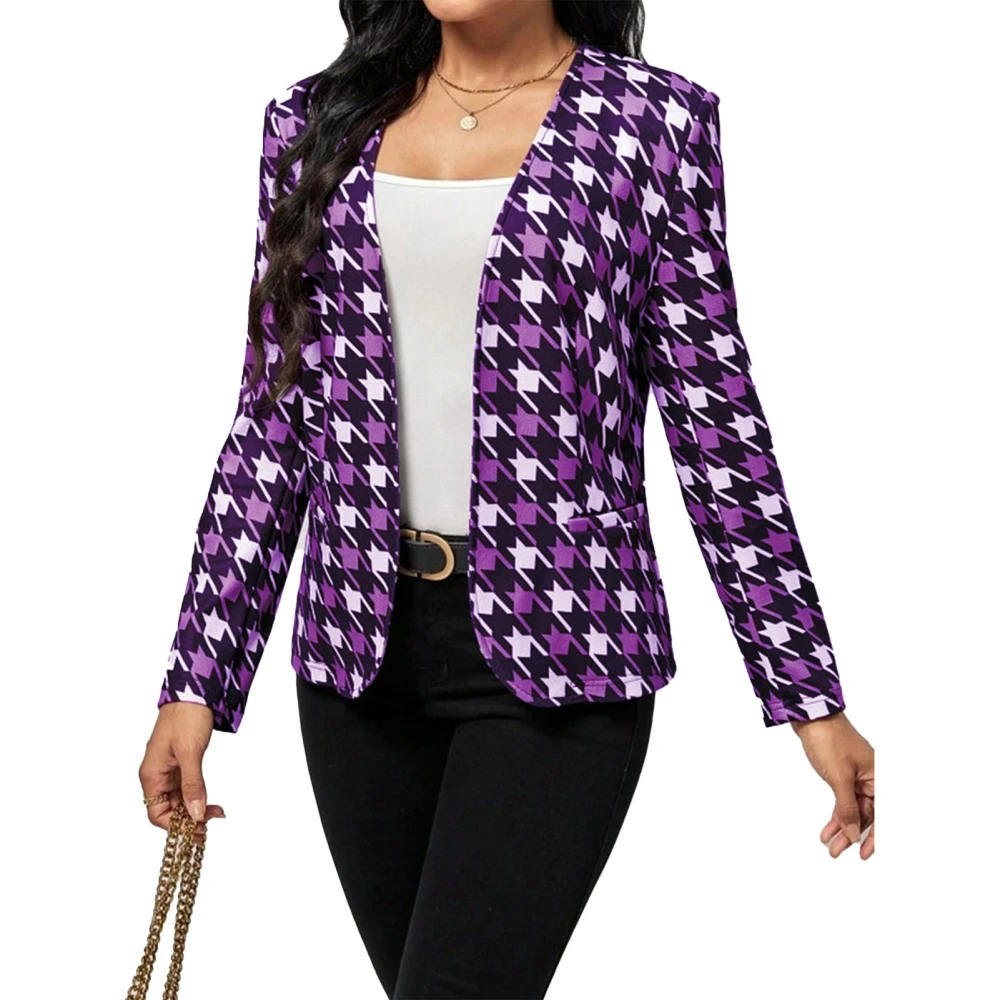 Women Long Sleeve Print Suit Jacket Fashionable Casual Open Front Office Jacket with Pockets for Dating Purple XL