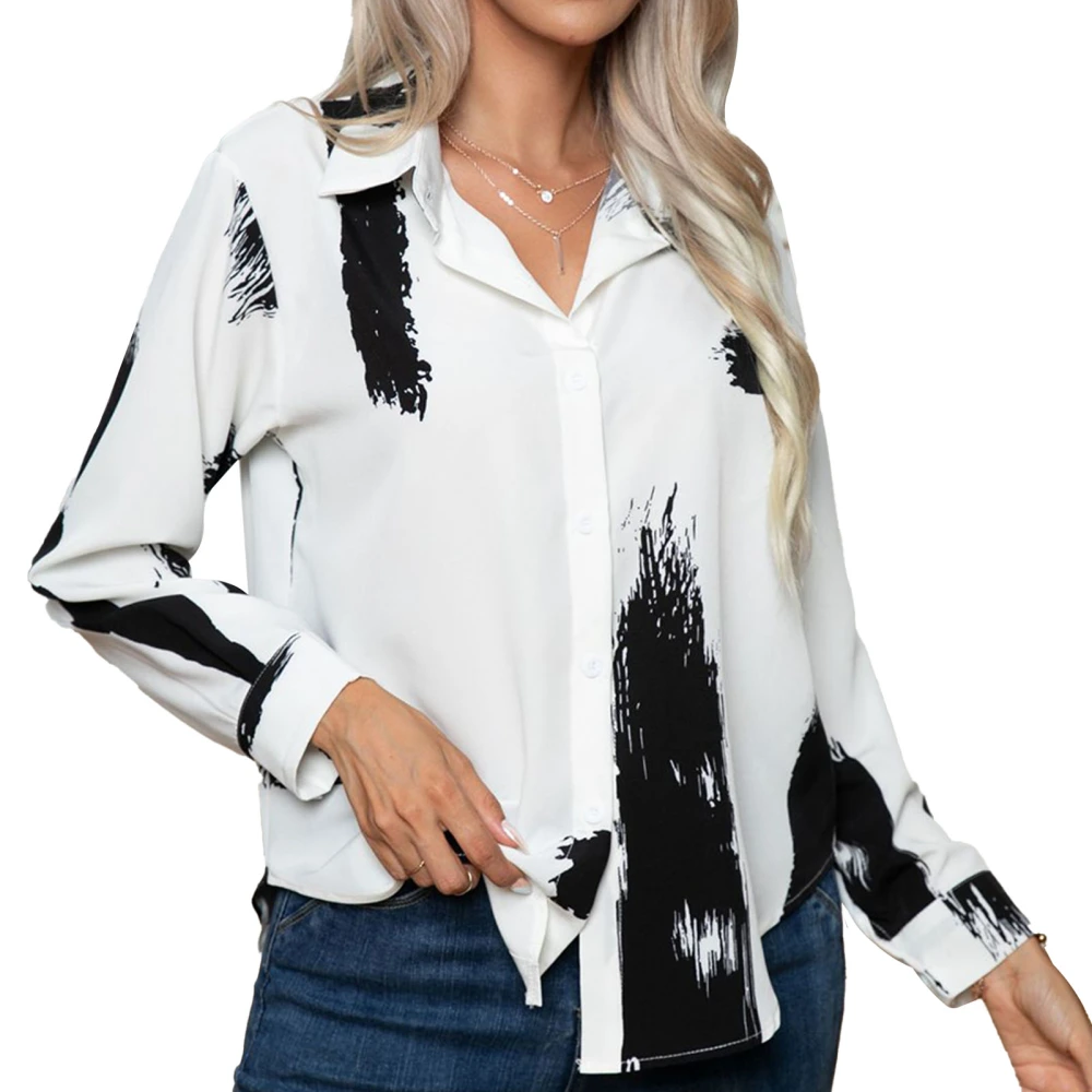 Women Printed Button Up Shirt Turn Down Collar Color Blocking Loose Fit Dressy Blouse Shirt White S