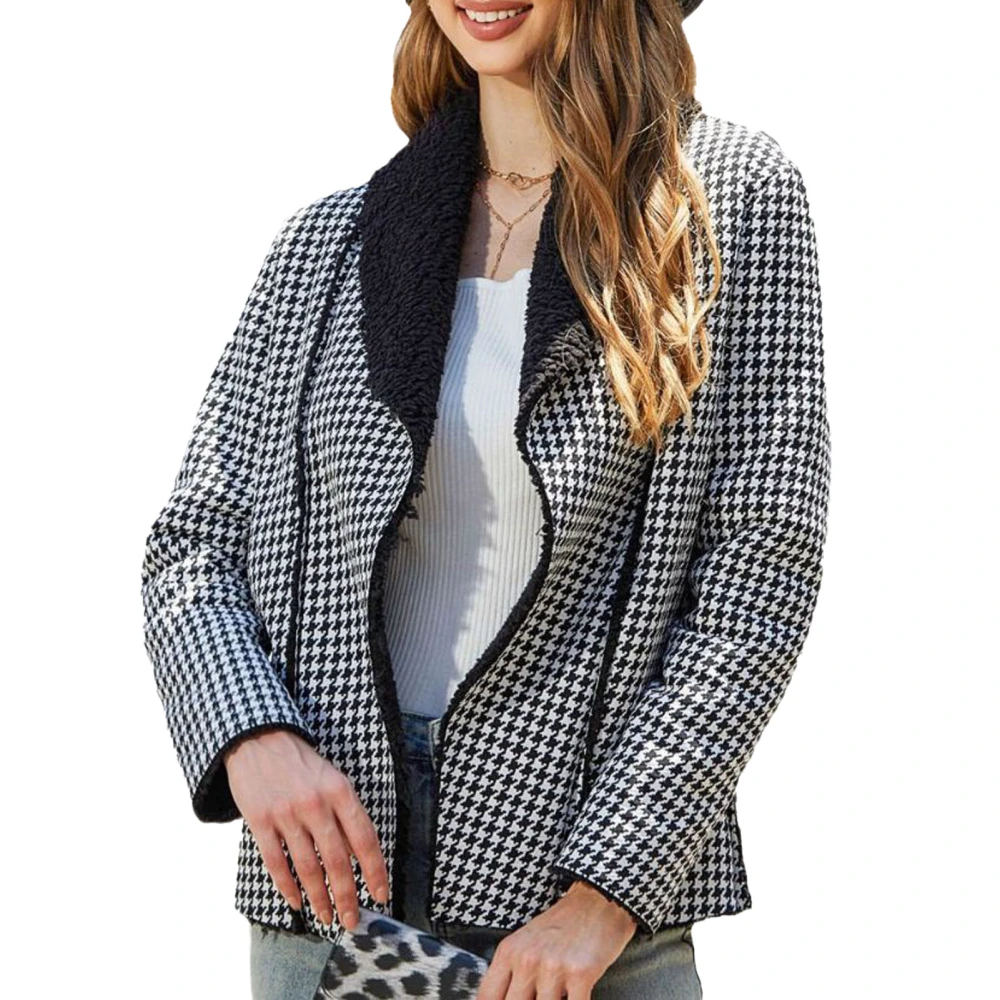 Women Open Front Coat Houndstooth Plush Jacket Turndown Collar Long Sleeve Outerwear for Daily Wear Houndstooth XL