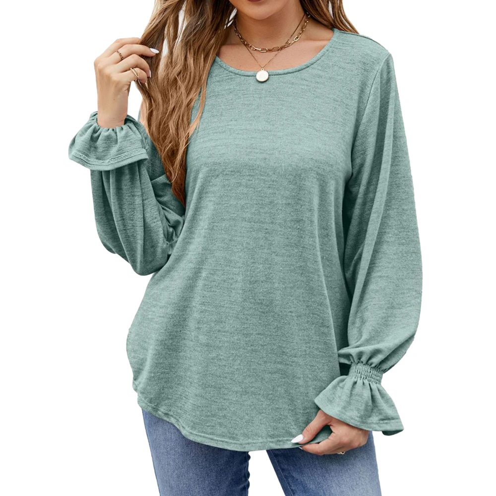 Women Long Sleeve Top Crewneck Shirred Cuff Pure Color Soft Skin Friendly Women Tunic Top for Party Office Outing Green L