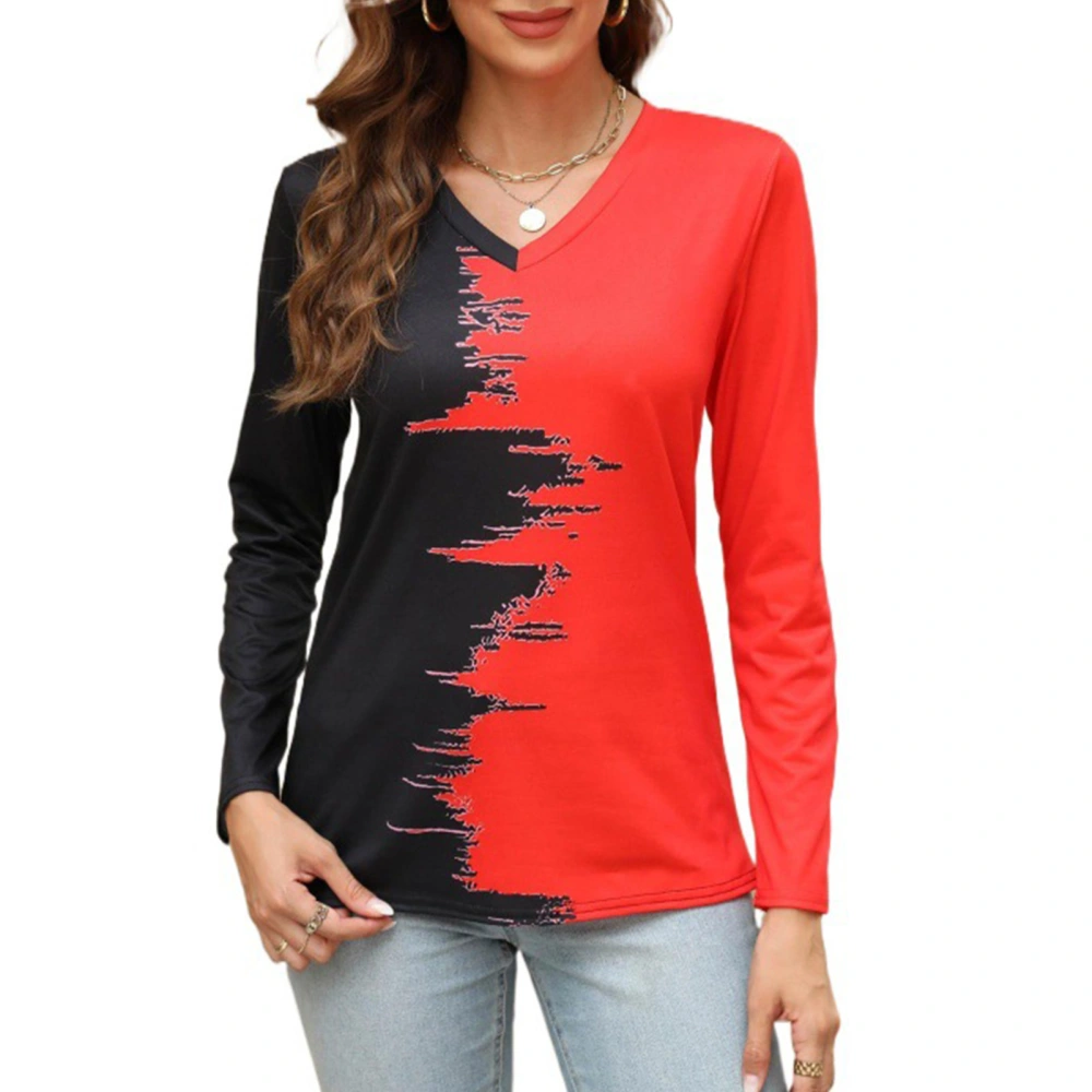 Women Casual Color Block Blouse V Neck Print Blouse Long Sleeve Bottoming Shirt Pullover Loose Top Red XL