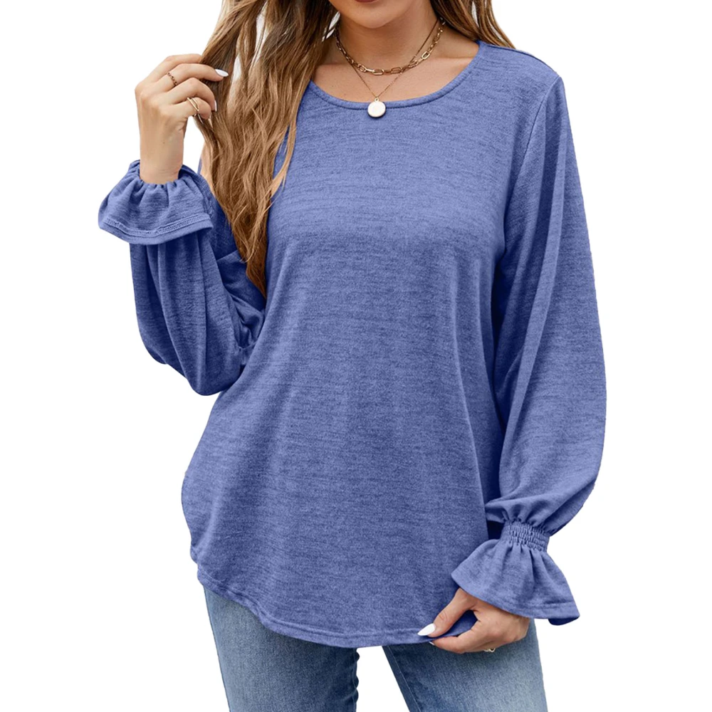 Women Long Sleeve Top Crewneck Shirred Cuff Pure Color Soft Skin Friendly Women Tunic Top for Party Office Outing Jewel Blue M