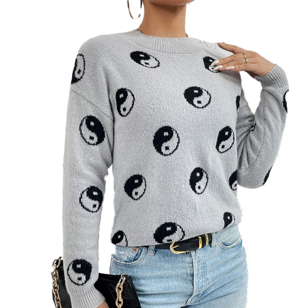 Women Knitted Sweater Round Neck Casual Printed Lady Pullover Sweater for Fall Winter Spring Halloween Gray M