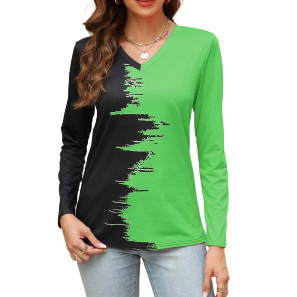 Women Casual Color Block Blouse V Neck Print Blouse Long Sleeve Bottoming Shirt Pullover Loose Top Green XL