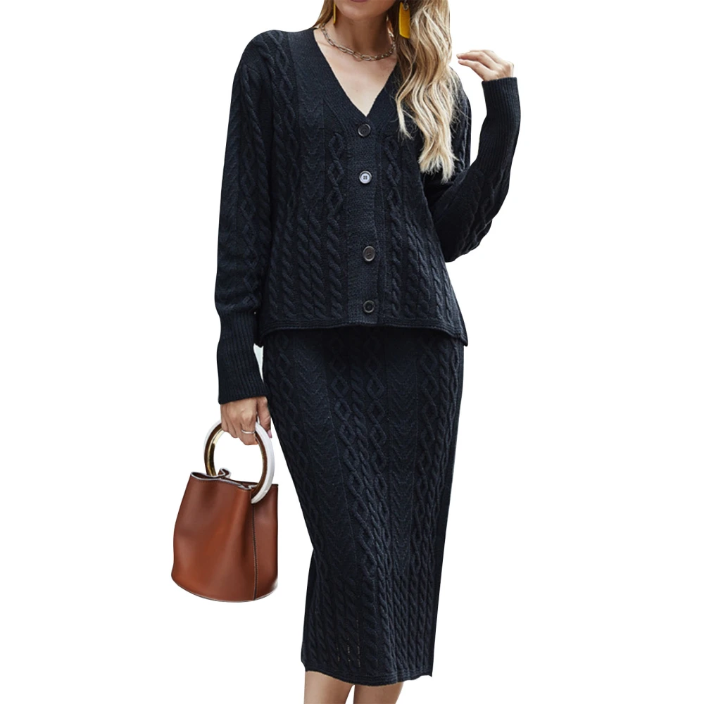 Women 2 Piece Outfits V Neck Button Down Long Sleeves Pure Color Knit Top Skirt Set for Office Travel Black L