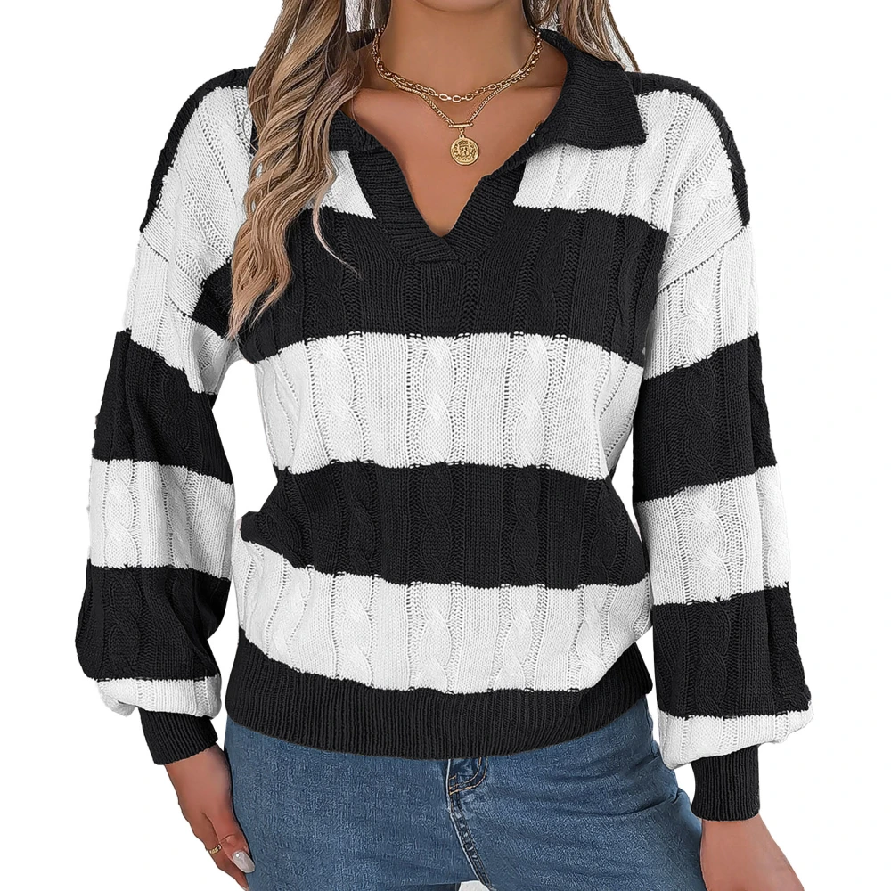 Women Sweater V Neck Turn Down Collar Stripe Pattern Loose Casual Drop Sleeve Knit Blouse Top for Leisure Shopping Black S