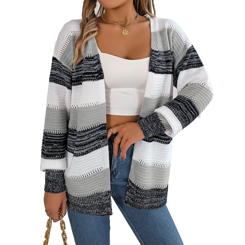 Long Lantern Sleeve Hollow Knit Open Front Outwear Women Drop Shoulder Color Block Striped Sweater Outwear Grey S