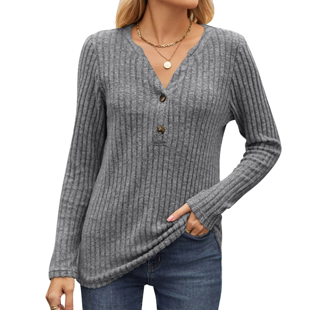 Long Sleeve V Neck Shirt Women Fashionable Elegant Plain Color Button Rib Knit Top Blouse for Dating Dark Grey XXL