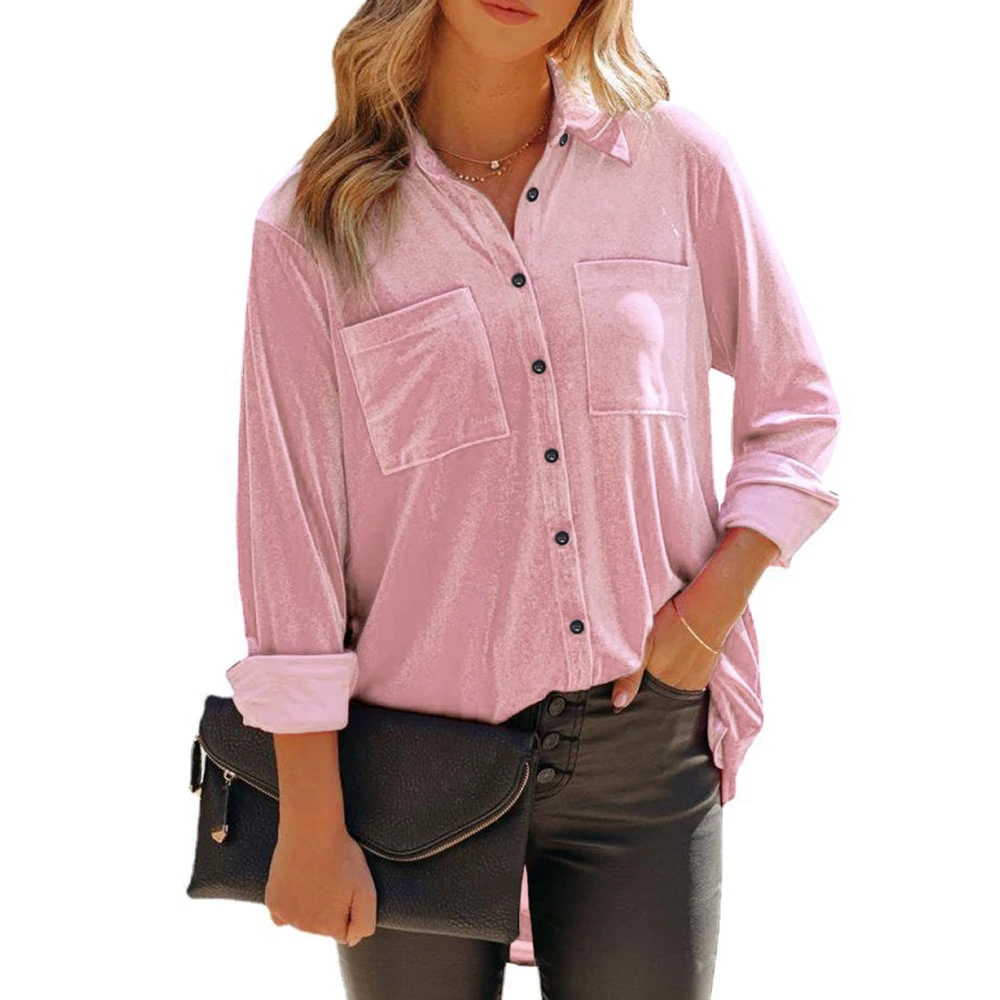 Women Button Down Shirt Long Sleeve Pure Color Casual Fall Blouses Top for Work Party Dating Pink L