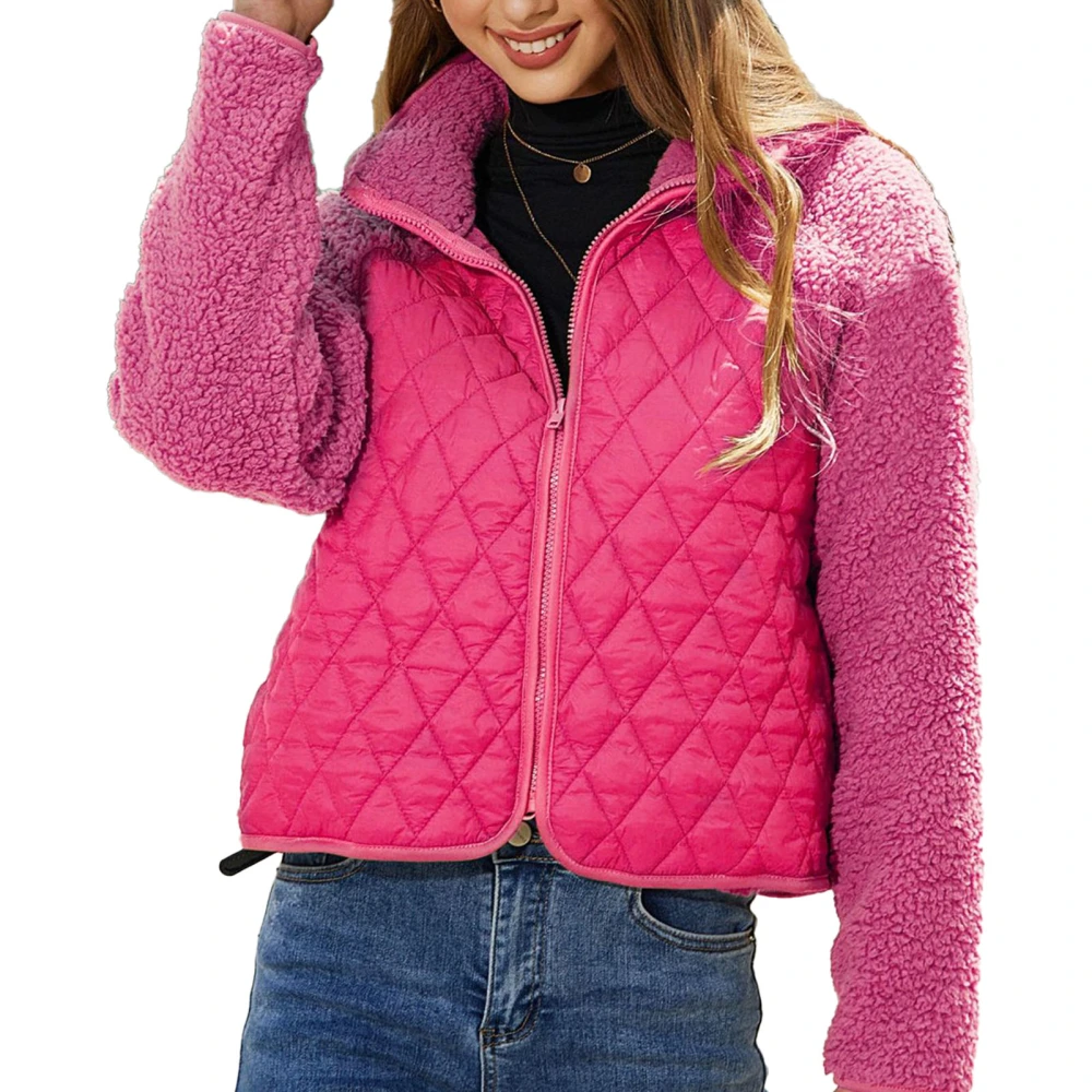 Women Long Sleeve Full Zip Jacket Pure Color Plush Patchwork Short Coat for Home Daily Life Rose Red XXL