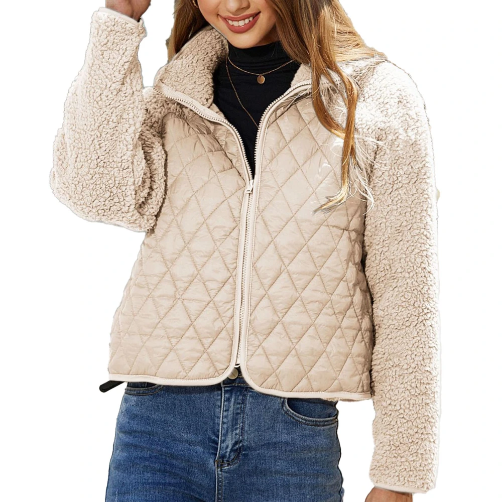 Women Long Sleeve Full Zip Jacket Pure Color Plush Patchwork Short Coat for Home Daily Life Apricot M