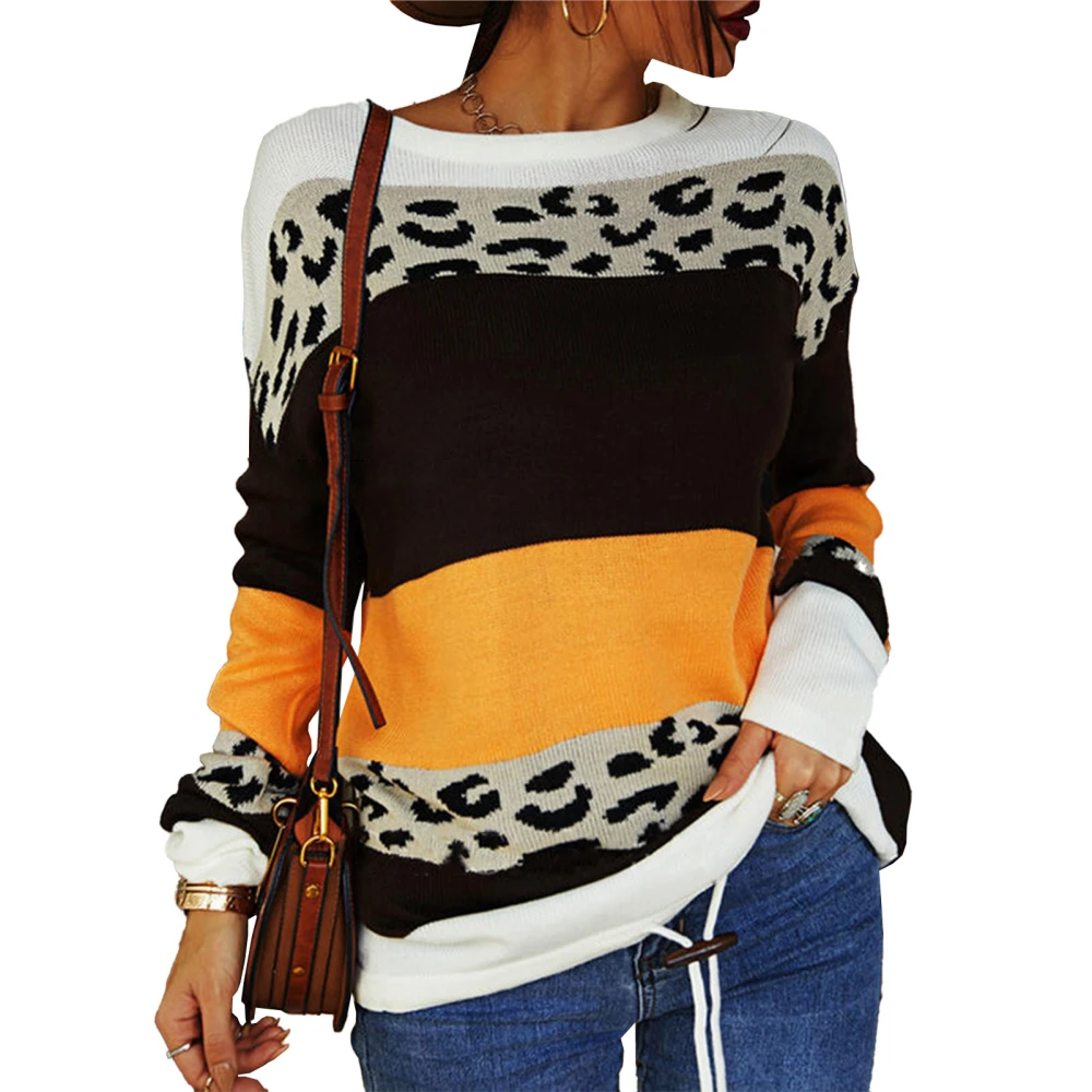 Women Round Neck T Shirt Color Contrast Printing Long Sleeves Loose Fitting Casual Knitted Top Leopard Print L